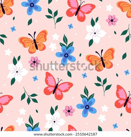 Seamless pattern with butterflies and flowers. Vector graphics.