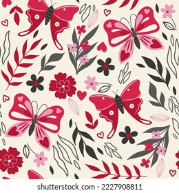 Seamless pattern with butterflies and flowers.Vector graphics.