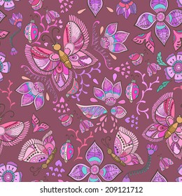 Seamless pattern with butterflies and flowers.Vector  illustration.