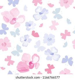 Seamless pattern with butterflies and flowes. Floral background for design of fabric, paper, wrappers and wallpaper. Blue and pink.