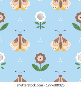 Nahtloses Muster mit Schmetterlingen und Volksblumen. Gut für Stoff, Textilien. Vektorgrafik