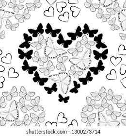 Seamless pattern of butterflies in the form of hearts. Butterflies and hearts are made in black and white.