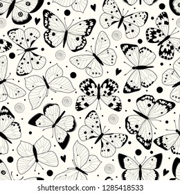 Seamless pattern with butterflies. Freehand drawing. Can be used on packaging paper, fabric, background for different images and etc.