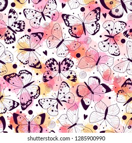 Seamless pattern with butterflies. Freehand drawing. Can be used on packaging paper, fabric, background for different images and etc.