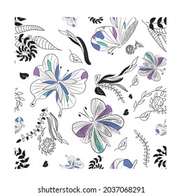 Patrón sin foco con mariposas. Dibujo a mano libre. Contacto. Con manchas de color. 
