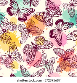 Seamless pattern with butterflies. Freehand drawing