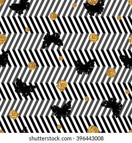 Seamless pattern with butterflies, gold glitter dots and chevron background. Fashion glamour geometrical endless texture.