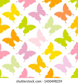 Seamless Pattern Butterflies Green Pink Yellow Orange