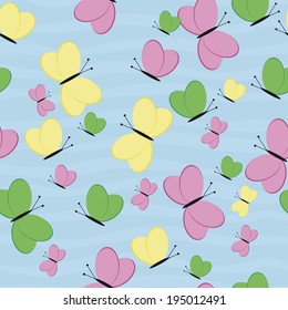 Seamless Pattern with Butterflies. Green, Pink, Yellow Butterfly. Girly Vector Background. Summer Illustration.