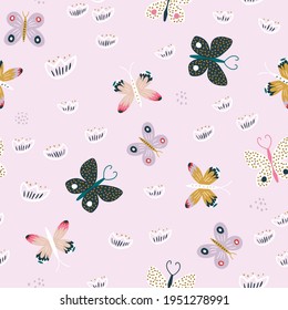 Seamless pattern with butterflies and hand drawn flowers. Creative hight detailed floral texture. Great for fabric, textile Vector Illustration