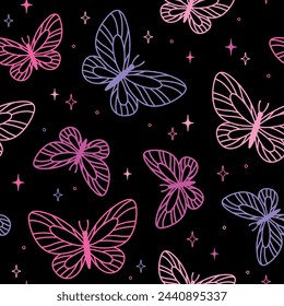 Seamless pattern with butterflies. Hand drawn vector illustration. Line art.