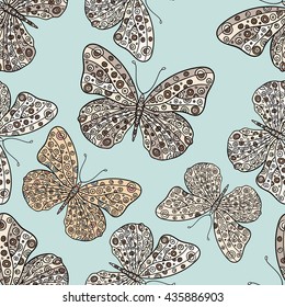 Seamless pattern with butterflies. Hand drawn vector zentangle butterfly illustration. Decorative abstract doodle design element.