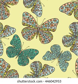 Seamless pattern with butterflies. Hand drawn vector zentangle butterfly illustration. Decorative abstract doodle design element.
