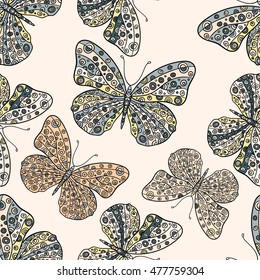 Seamless pattern with butterflies. Hand drawn vector zentangle butterfly illustration. Decorative abstract doodle design element.