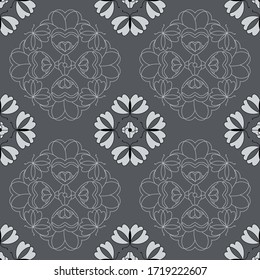 Seamless pattern with butterflies and hearts. Color grey, white and black. Vector.	