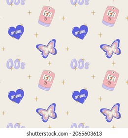 Seamless pattern - butterflies, hearts, flip phone. Pattern in the style of the 2000s. Cute bright wrapping paper. Modern vector illustration Y2k