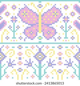  Seamless pattern with  butterflies, hearts and flowers.  Cross stitch style. Pattern on white background.