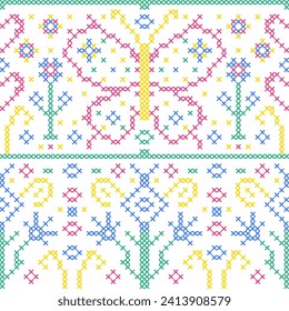  Seamless pattern with  butterflies, hearts and flowers.  Cross stitch style. Pattern on white background.