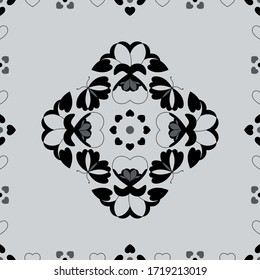 Seamless pattern with butterflies and hearts. Light grey color and black. Vector.	