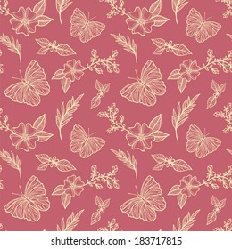 Seamless pattern with butterflies and herbs