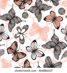 Seamless pattern with butterflies. Honeycomb background.