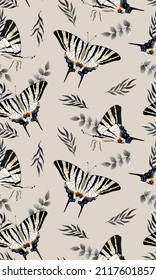 Seamless pattern with butterflies illustration. Vector background with highly detailed moth sketch