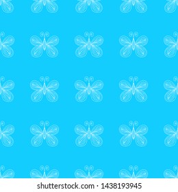 Seamless pattern of butterflies isolated on blue background. Hand drawn vector illustration. Outline.