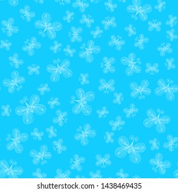 Seamless pattern of butterflies isolated on blue background. Hand drawn vector illustration. Outline.