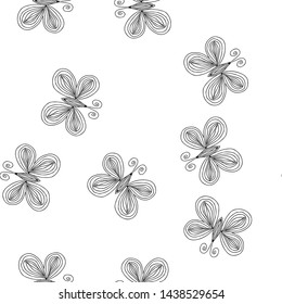 Seamless pattern of butterflies isolated on white background. Hand drawn vector illustration. Outline.