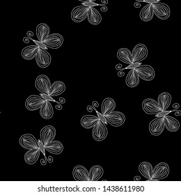 Seamless pattern of butterflies isolated on black background. Hand drawn vector illustration. Outline.
