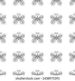 Seamless pattern of butterflies isolated on white background. Hand drawn vector illustration. Outline.