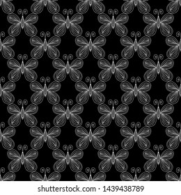 Seamless pattern of butterflies isolated on black background. Hand drawn vector illustration. Outline.