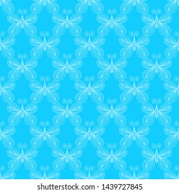 Seamless pattern of butterflies isolated on blue background. Hand drawn vector illustration. Outline.
