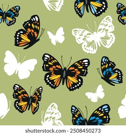 Seamless pattern with butterflies isolated on green. Vector