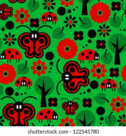 Seamless pattern butterflies and ladybirds