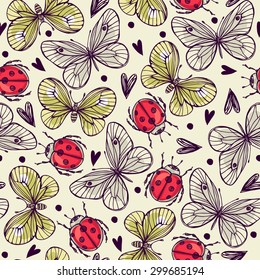 Seamless pattern with butterflies and ladybug.