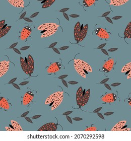 Seamless pattern of butterflies and ladybugs on a dark background. Vector illustration.