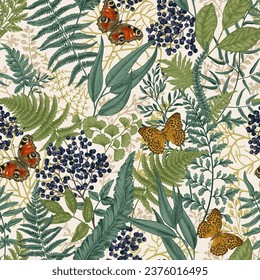 Seamless pattern with butterflies, leaves, blueberries. Vintage floral background. Lush greenery. Vector botanical illustration. Fern, elderberry, eucalyptus, ginkgo, tea. Colorful