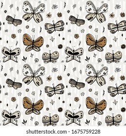 Nahtlose Muster Schmetterlinge Blätter Blumen. Sketch-Freehe und Zeichnen doodle Linien skandinavischen Stil Hintergrund Grunge Textur. Geschenkartikel, Stoffe, Tapeten, grauer schwarzer Weiß. Vektorillustration