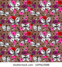 Seamless pattern butterflies leaves flowers sequins. sketch drawing doodle scandinavian style background grunge. Nursery decor Gift wrap fabrics wallpapers black white pink purple brown. Vector 