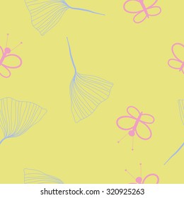 Seamless   pattern of  butterflies, leaves. Hand drawn.