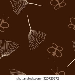 Seamless   pattern of  butterflies, leaves. Hand drawn.