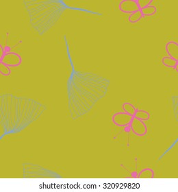 Seamless   pattern of  butterflies, leaves. Hand drawn.
