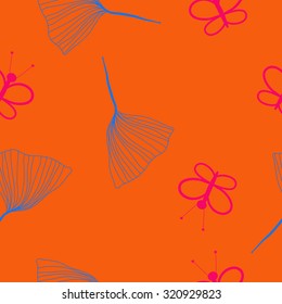 Seamless   pattern of  butterflies, leaves. Hand drawn.