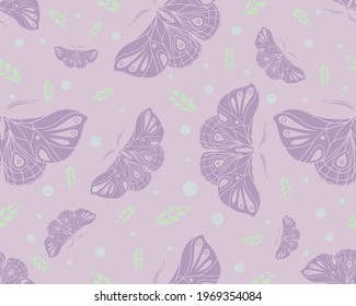 seamless pattern with butterflies and leaves, light, summer, decorative background, stylized vector graphics