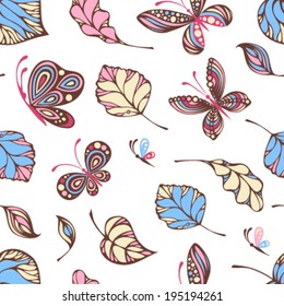 Seamless pattern of butterflies and leaves. Various ornate elements on white background.