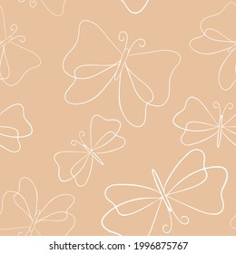 Seamless pattern with butterflies line art, vector illustration. Continuous background with moths, simple minimalistic insects. Cute pattern for wallpaper and packaging design.Hand-drawing.