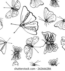 Seamless pattern, butterflies, monochrome