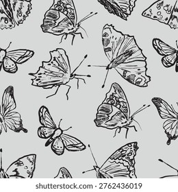 Seamless pattern butterflies. Monochrome nature repeatable background for summer textiles, wallpaper, or stationery designs. Hand drawn vector sketch illustration in vintage crayon charcoal style