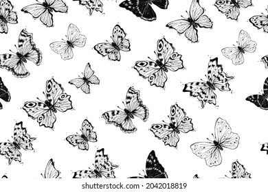 Seamless pattern of butterflies, monochrome vector illustration